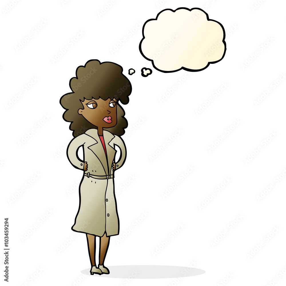 cartoon woman in trench coat with thought bubble cartoon woman in trench coat with thought bubble