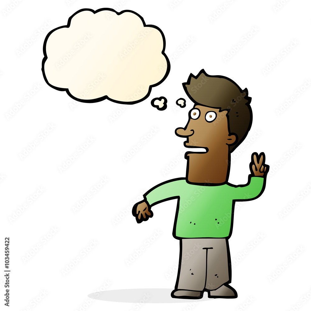 cartoon man making peace sign with thought bubble cartoon man making peace sign with thought bubble
