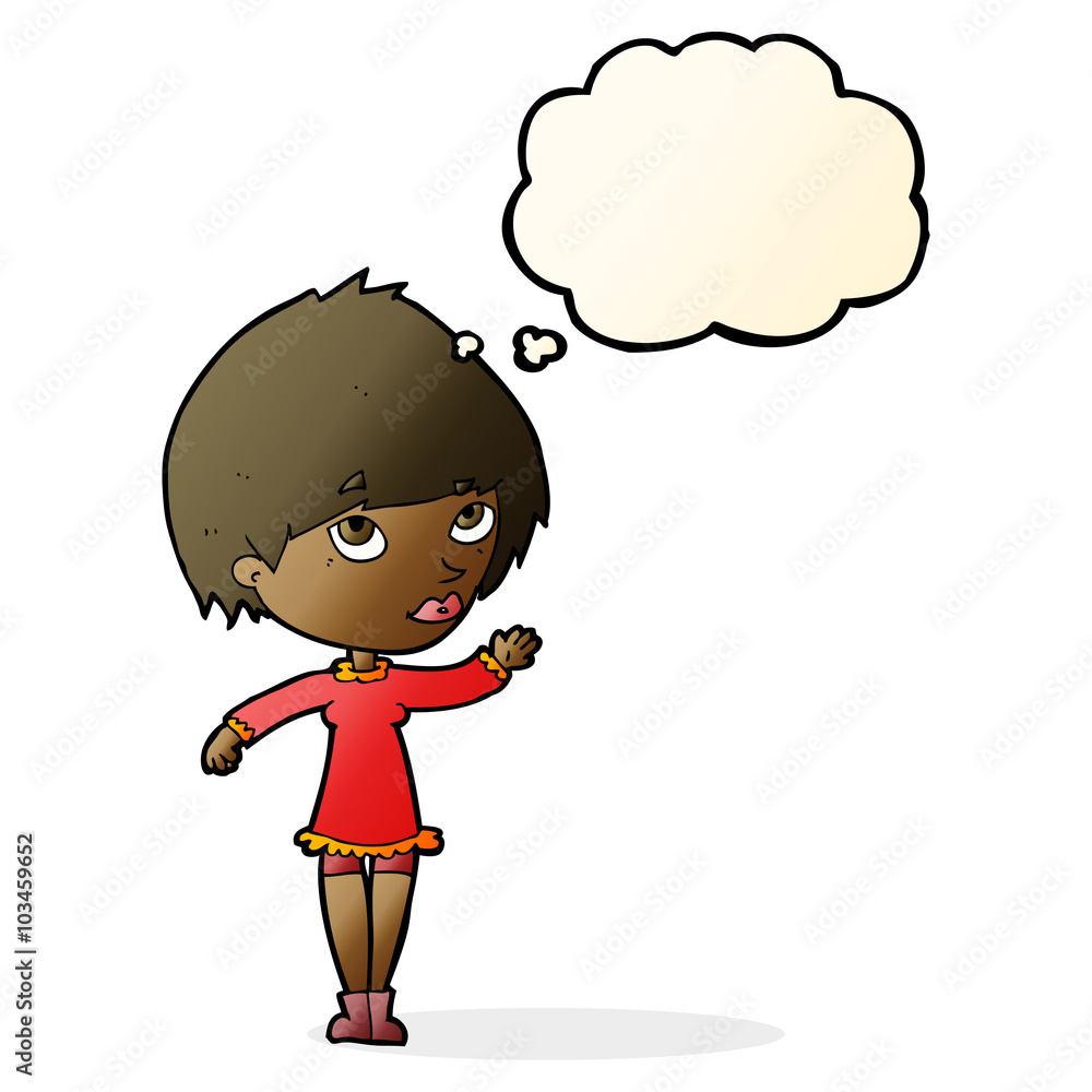 cartoon woman waving with thought bubble cartoon woman waving with thought bubble