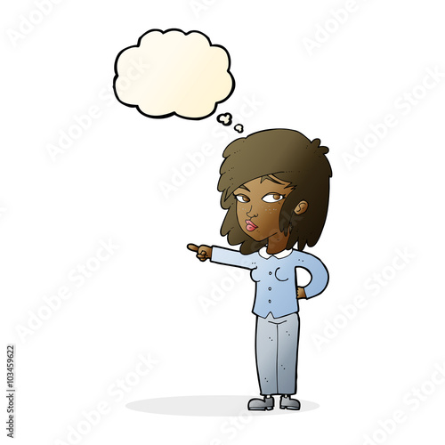 cartoon woman pointing with thought bubble