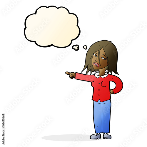 cartoon woman pointing with thought bubble