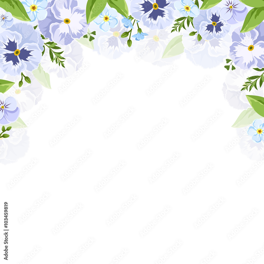 Vector background with blue and purple pansies and forget-me-not flowers. Vector background with blue and purple pansies and forget-me-not flowers.