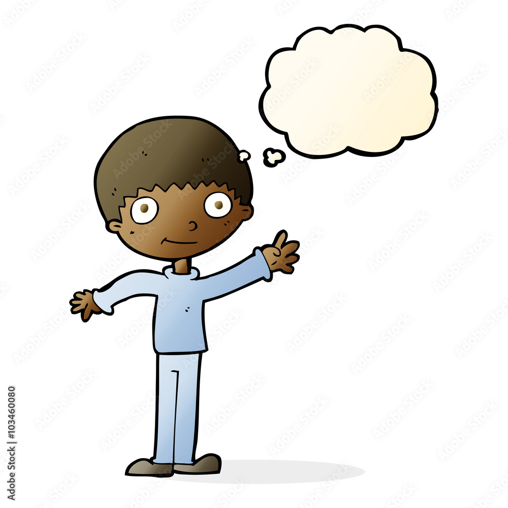 cartoon happy waving boy with thought bubble cartoon happy waving boy with thought bubble