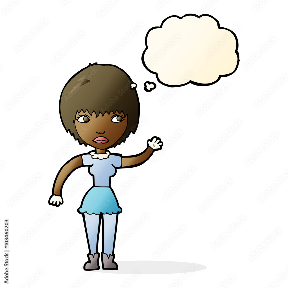 cartoon waving woman with thought bubble cartoon waving woman with thought bubble
