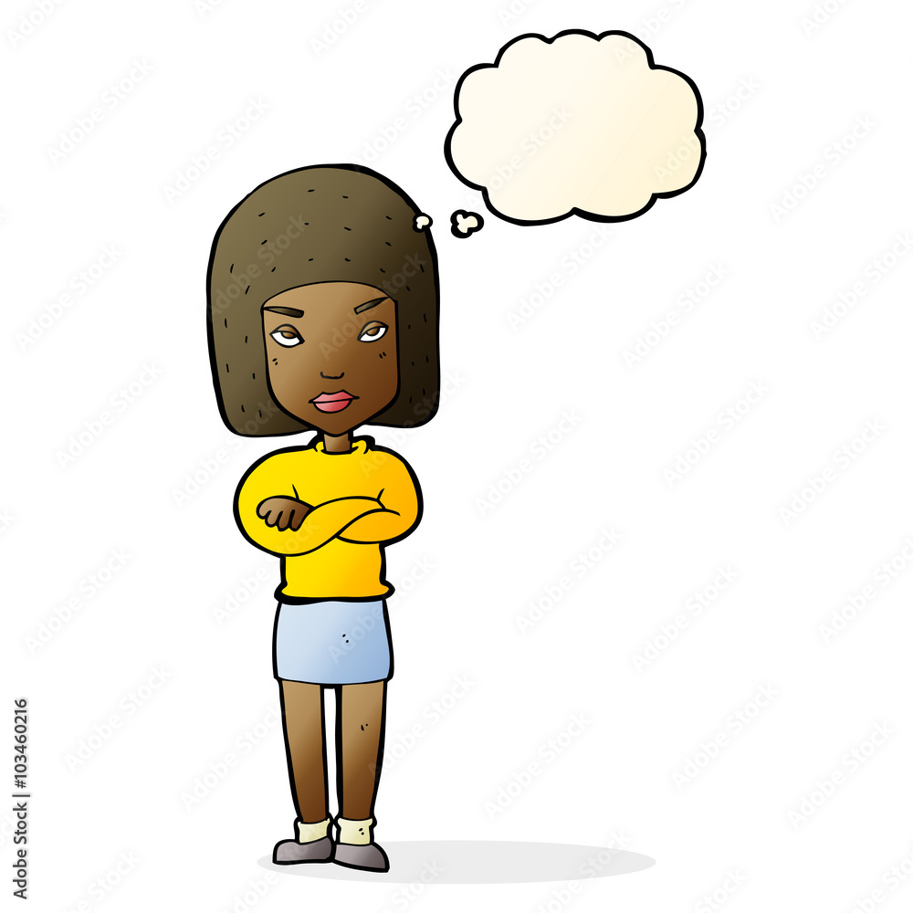 cartoon woman with crossed arms with thought bubble cartoon woman with crossed arms with thought bubble