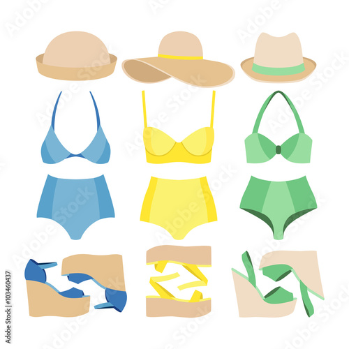 Set of trendy women's clothes. Woman swimsuits, hats and sandals. Women's wardrobe. Vector illustration