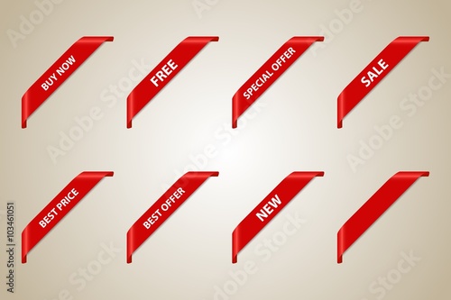 Red Corner Ribbons Set - Vector Design Element - Best offer, Best price, Buy now, Free, Sale, Special offer, New photo