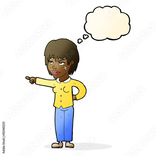 cartoon woman pointing with thought bubble