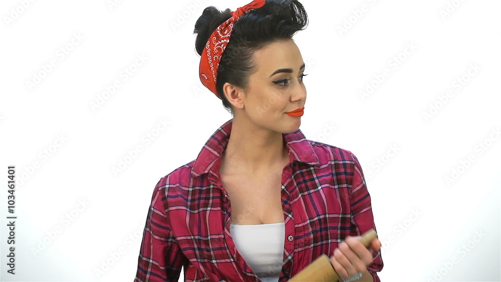 Pin up girl look on wristwatch Pin up girl look on wristwatch