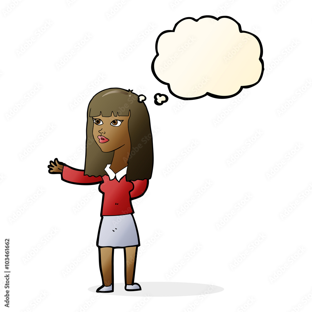 Fototapeta premium cartoon woman gesturing to show something with thought bubble