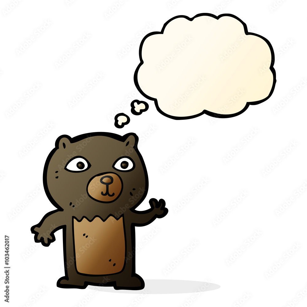 cartoon waving black bear cub with thought bubble