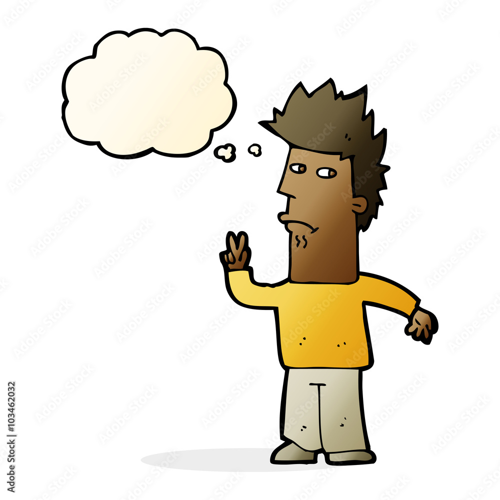 Fototapeta premium cartoon man giving peace sign with thought bubble