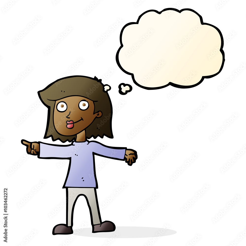 cartoon happy woman pointing with thought bubble cartoon happy woman pointing with thought bubble