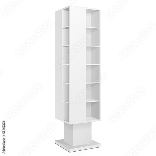 White Blank Quadrilateral Empty Showcase Displays With Retail Shelves Products On White Background Isolated. Ready For Your Design. Product Packing. Vector EPS10