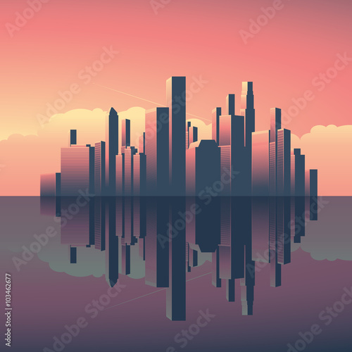 Modern urban cityscape during sunrise or sunset. Skyscrapers in evening, morning light with reflection on water. Business commercial center for corporate world.