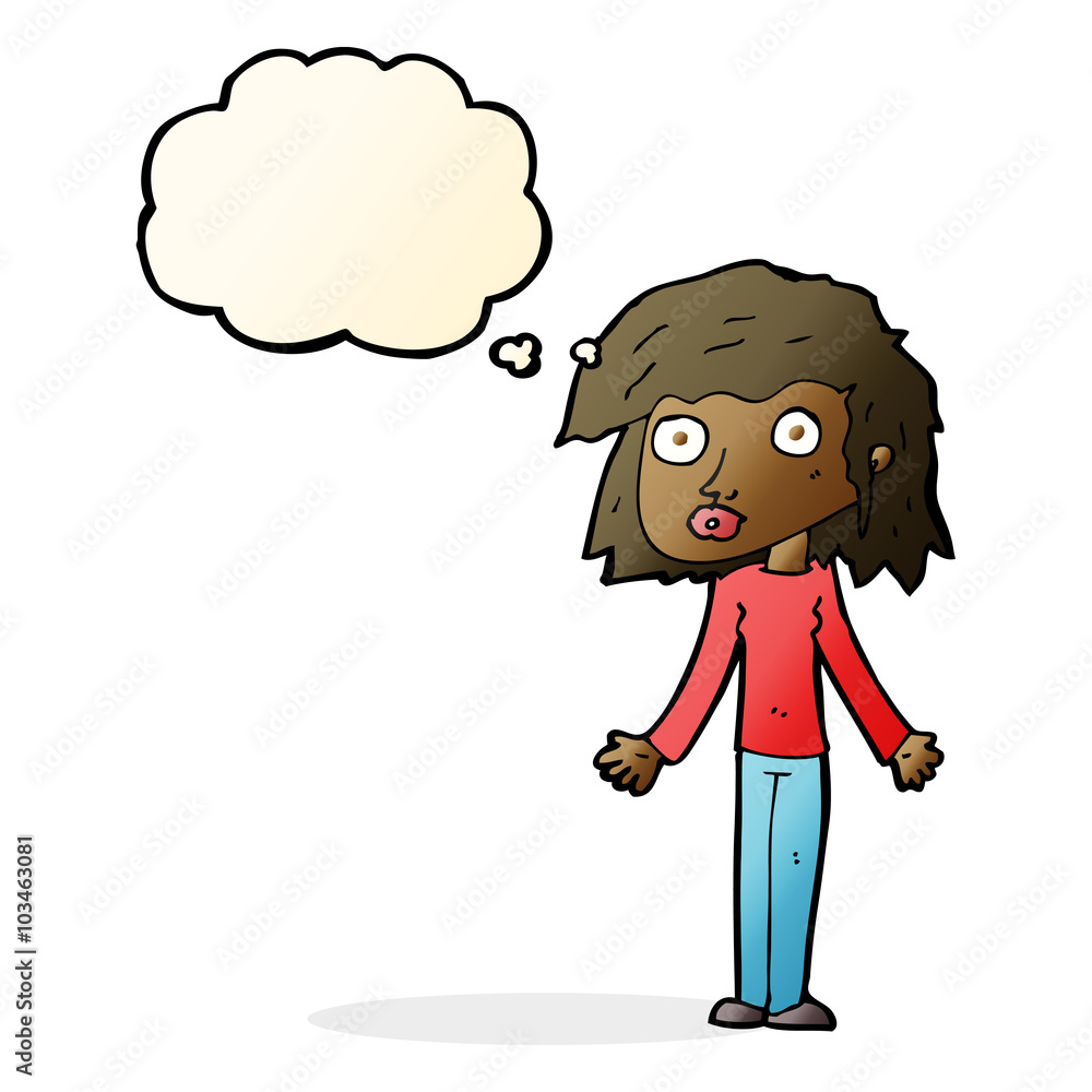 cartoon girl shrugging shoulders with thought bubble cartoon girl shrugging shoulders with thought bubble