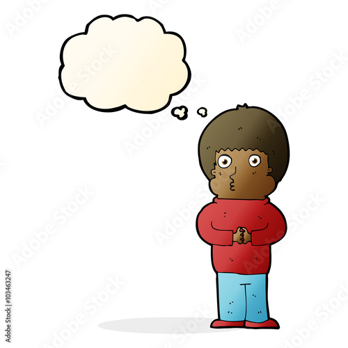 cartoon shy boy with thought bubble