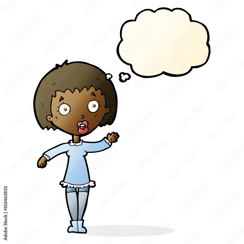 cartoon waving woman with thought bubble cartoon waving woman with thought bubble