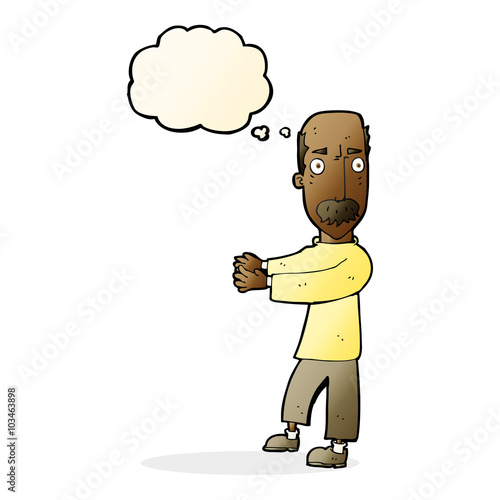 cartoon balding man explaining with thought bubble