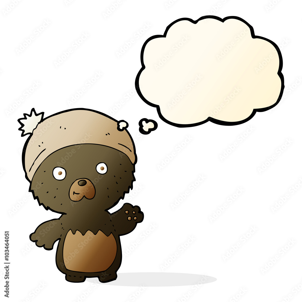 Fototapeta premium cartoon cute teddy bear in hat with thought bubble