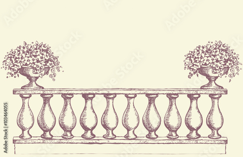 Balustrade with flowers in vase. Vector drawing