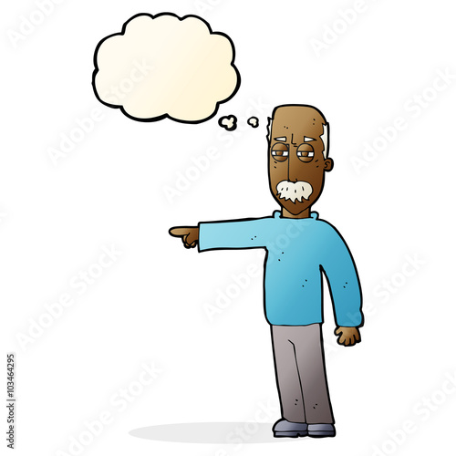 cartoon old man gesturing Get Out! with thought bubble