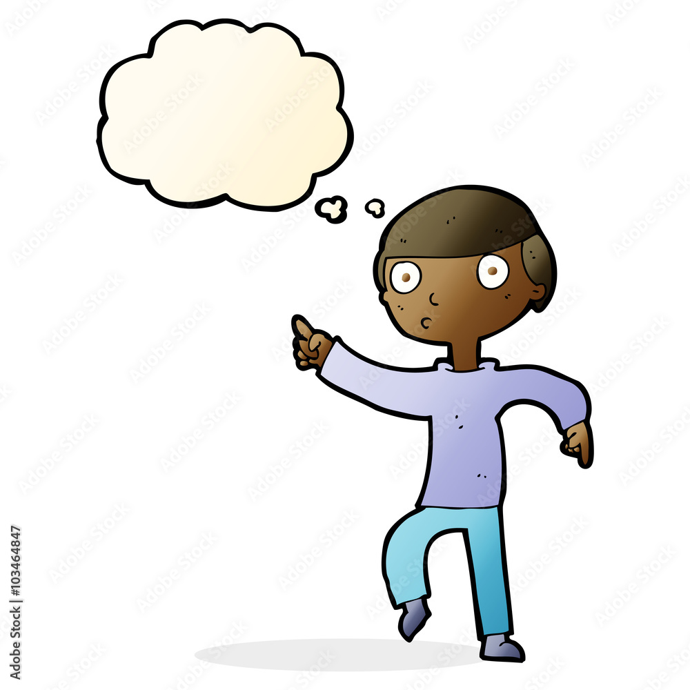 Fototapeta premium cartoon boy pointing with thought bubble
