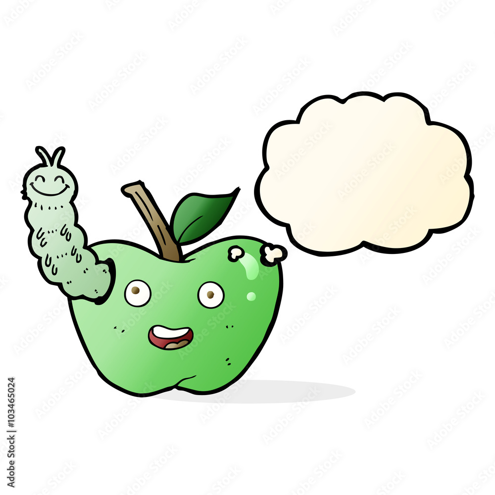 cartoon apple with bug with thought bubble cartoon apple with bug with thought bubble