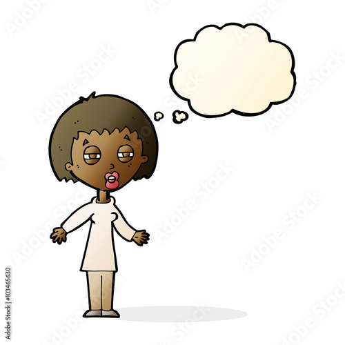 cartoon tired woman with thought bubble