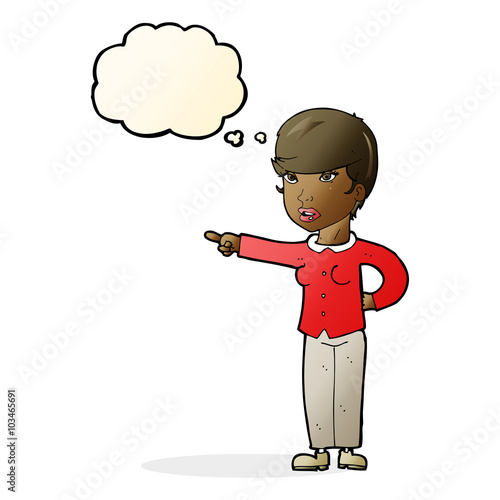 cartoon woman pointing finger of blame with thought bubble