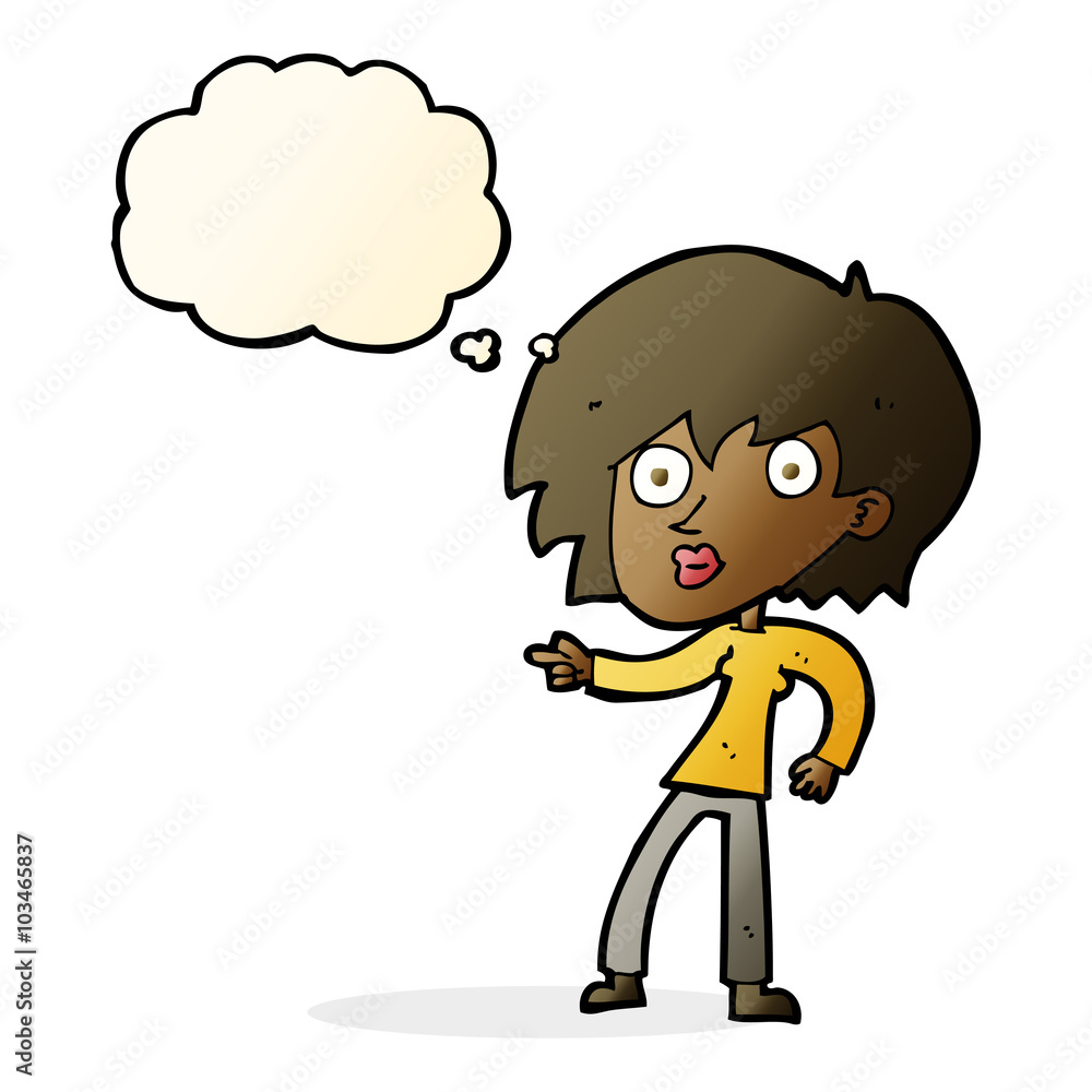 cartoon surprised woman pointing with thought bubble