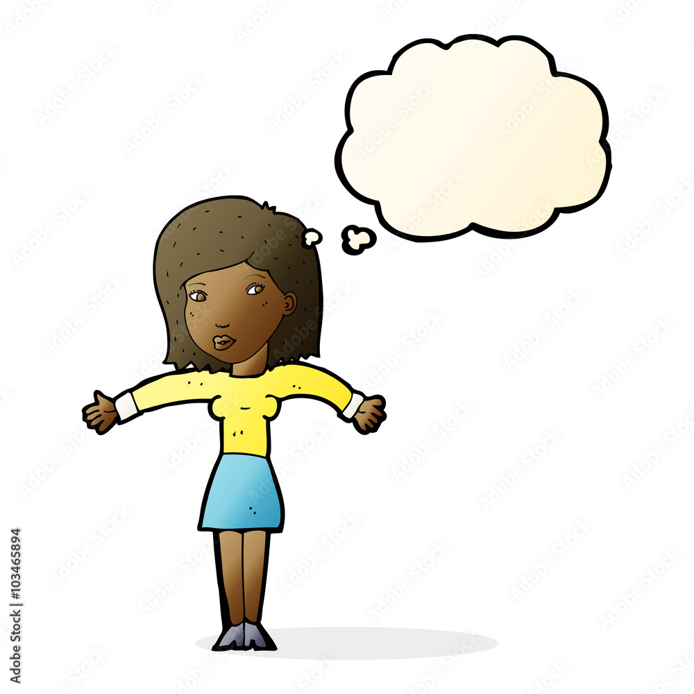 Fototapeta premium cartoon woman shrugging shoulders with thought bubble