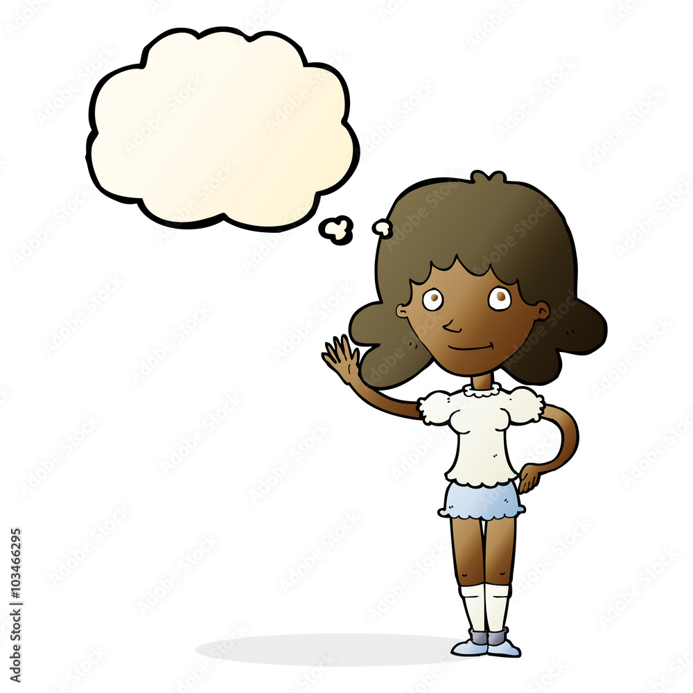 cartoon woman waving with thought bubble cartoon woman waving with thought bubble