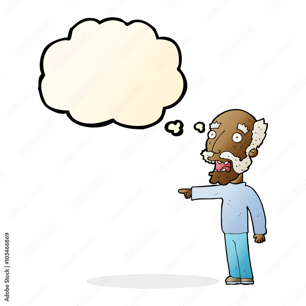cartoon scared old man pointing with thought bubble cartoon scared old man pointing with thought bubble
