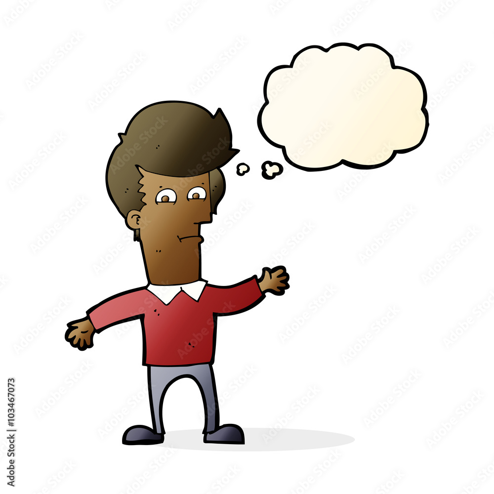 cartoon waving man with thought bubble