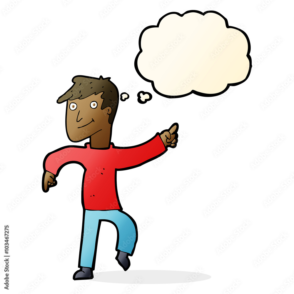 cartoon happy man pointing with thought bubble cartoon happy man pointing with thought bubble