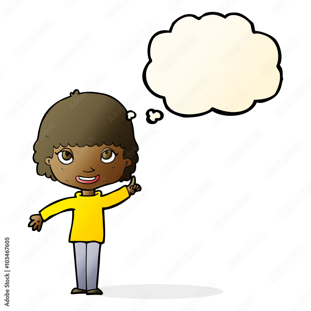 cartoon woman with idea with thought bubble cartoon woman with idea with thought bubble