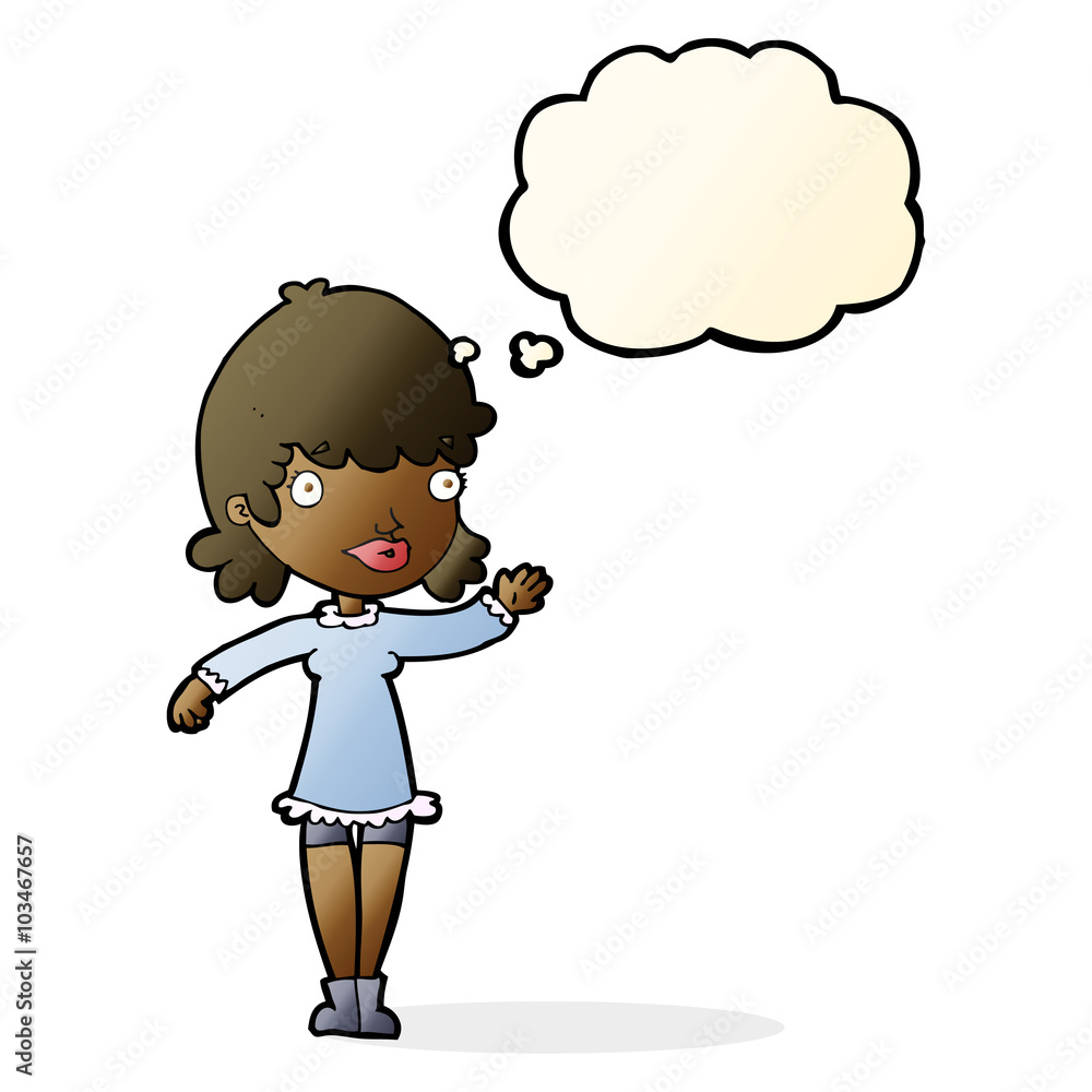 cartoon woman waving with thought bubble cartoon woman waving with thought bubble