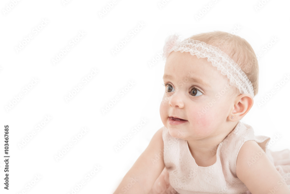 Portrait of lovely young girl exploring the surroundings shot against white background with copy paste Portrait of lovely young girl exploring the surroundings shot against white background with copy paste