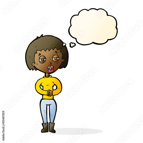 cartoon tired woman with thought bubble