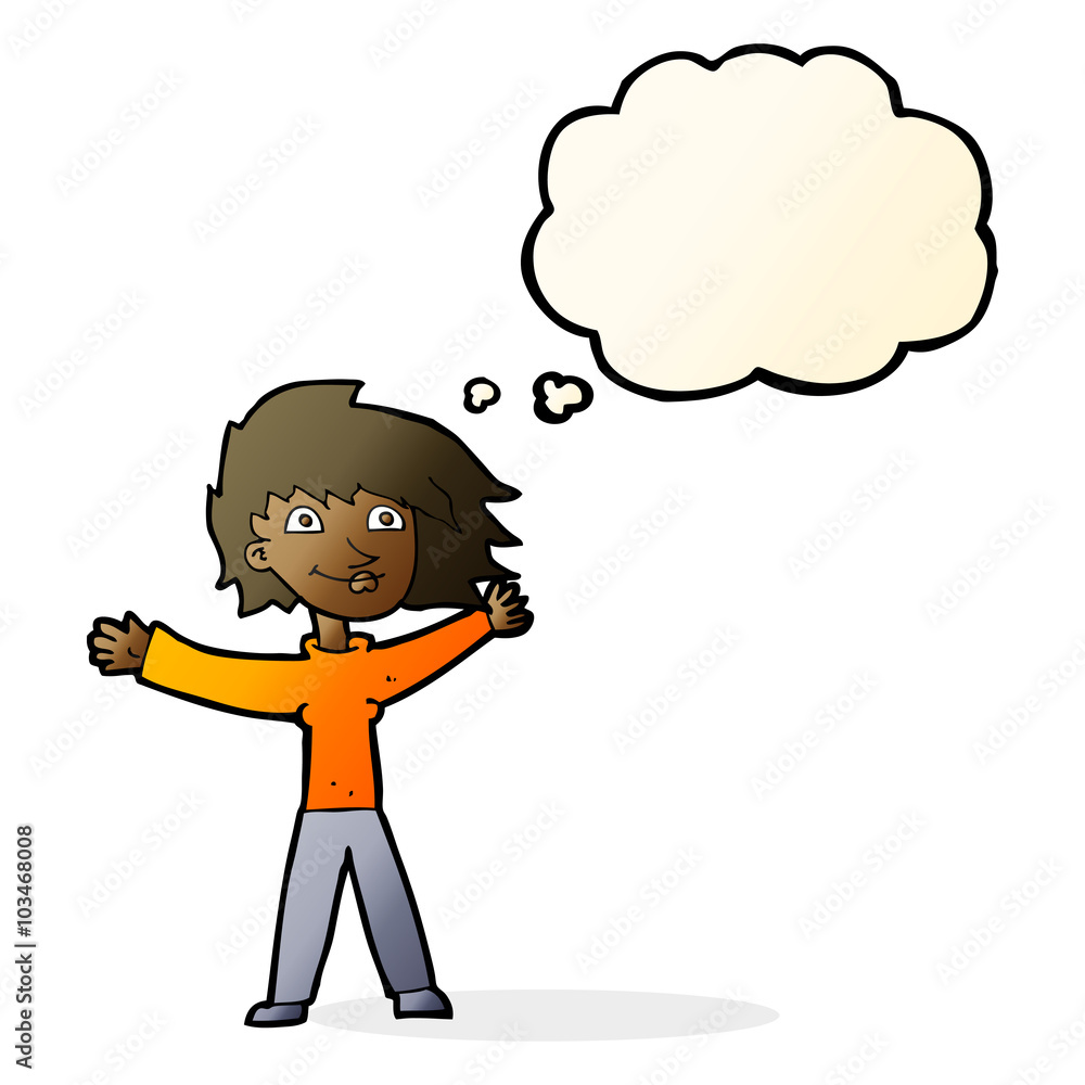 cartoon excited woman waving with thought bubble cartoon excited woman waving with thought bubble