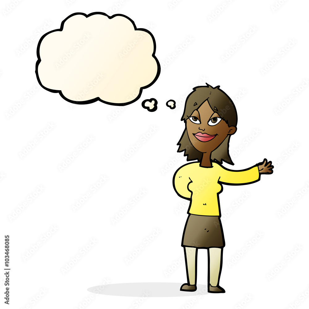 cartoon woman gesturing to show something with thought bubble cartoon woman gesturing to show something with thought bubble