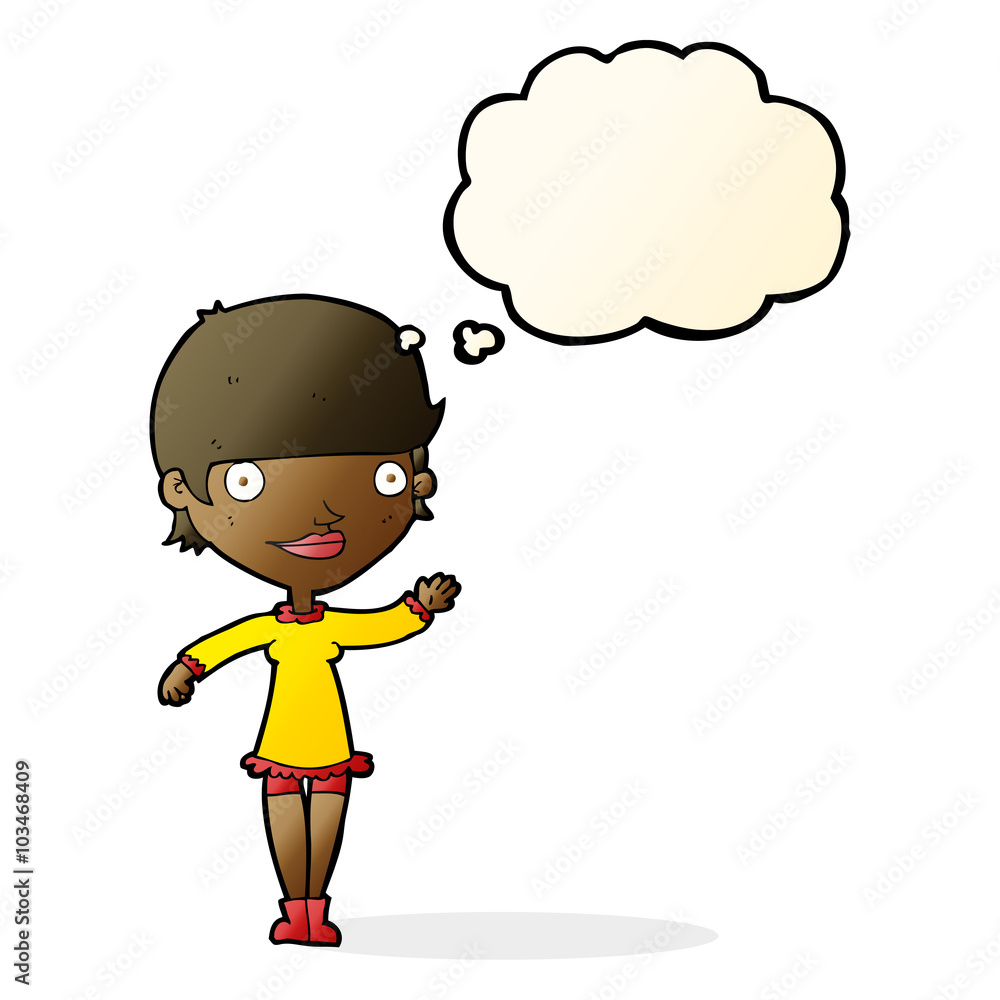 cartoon waving woman with thought bubble cartoon waving woman with thought bubble
