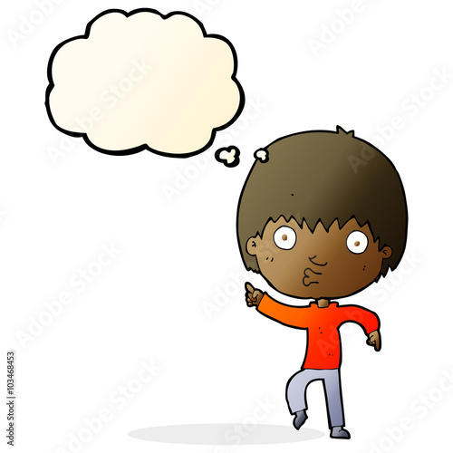 cartoon impressed boy pointing with thought bubble