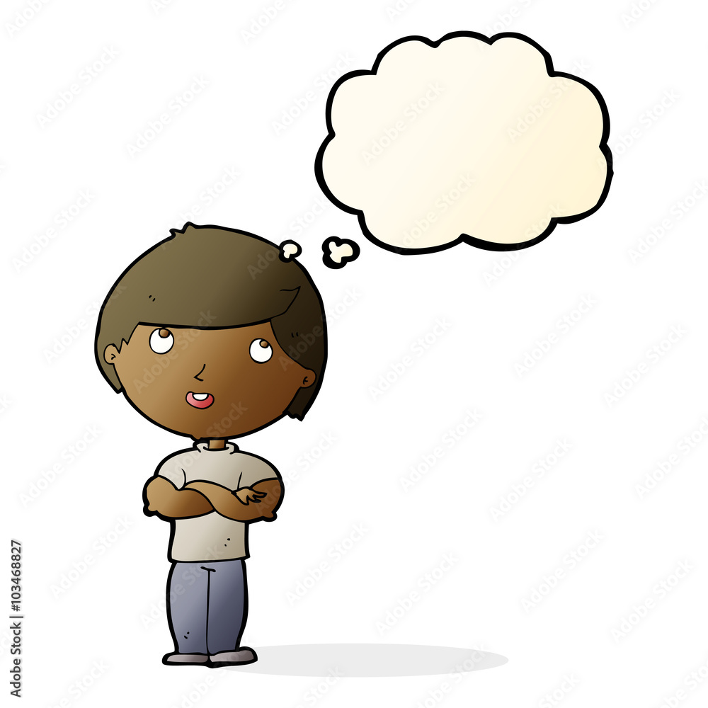cartoon happy man with folded arm with thought bubble cartoon happy man with folded arm with thought bubble