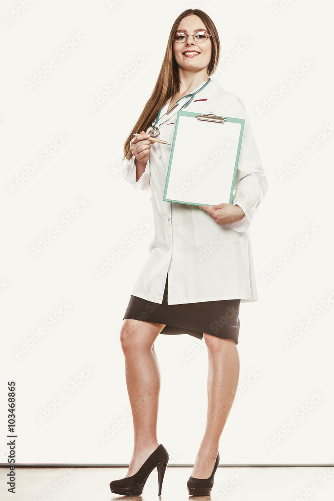 Woman doctor with stethoscope, clipboard and pen. Woman doctor with stethoscope, clipboard and pen.