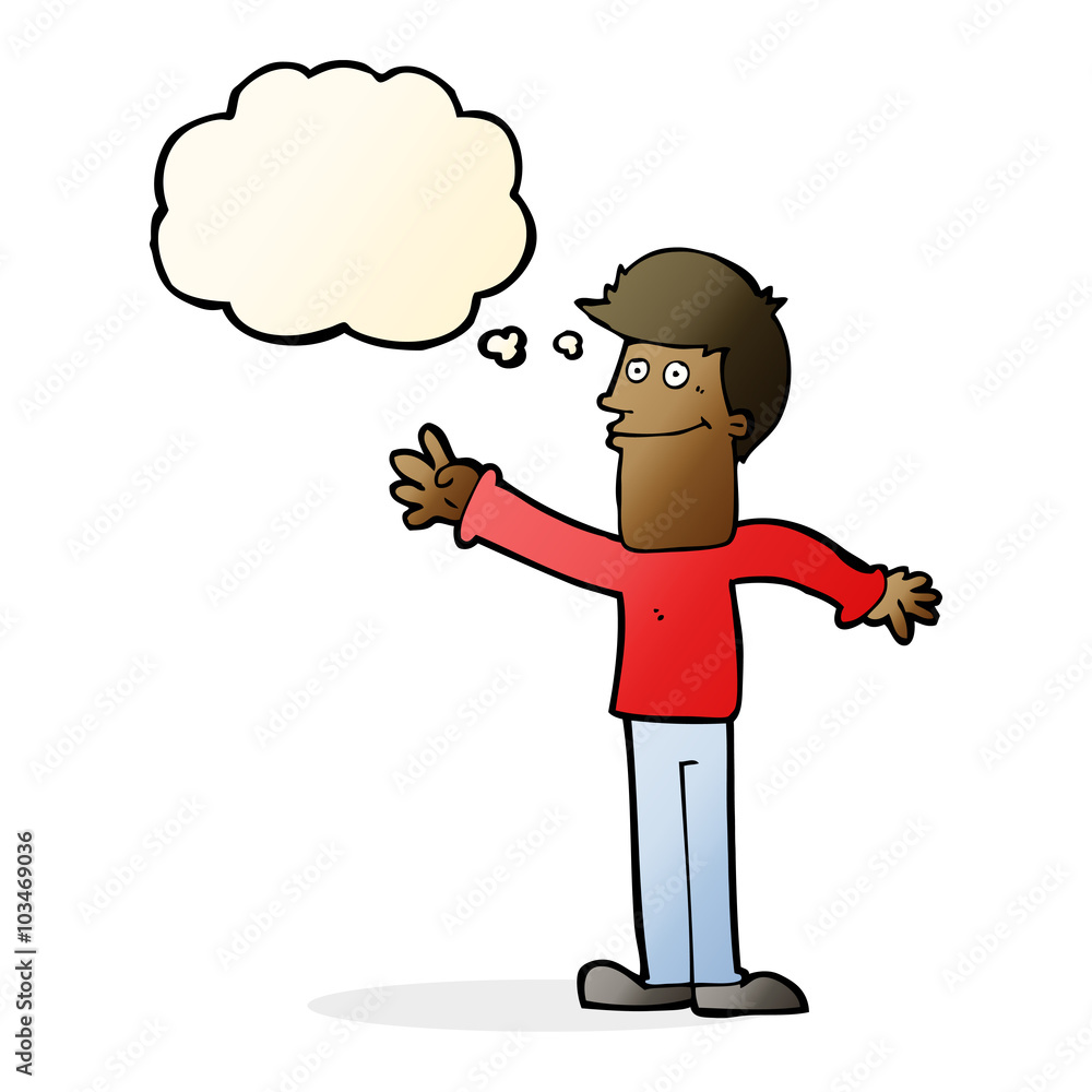 cartoon happy man waving with thought bubble cartoon happy man waving with thought bubble