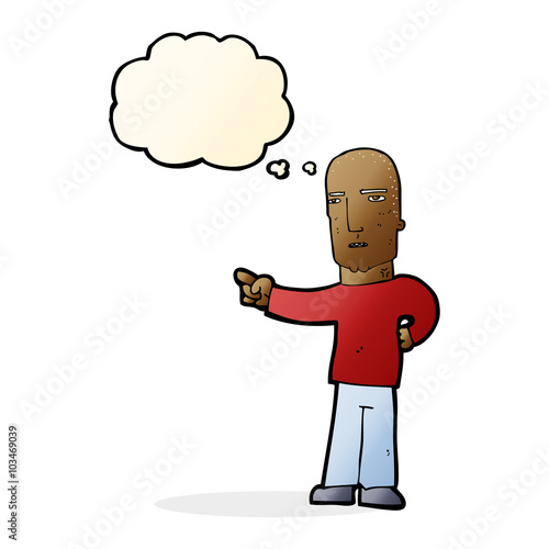 cartoon tough guy pointing with thought bubble