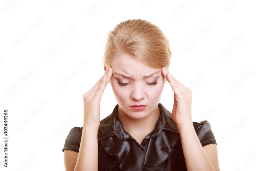 Headache. Woman suffering from head pain isolated. Headache. Woman suffering from head pain isolated.