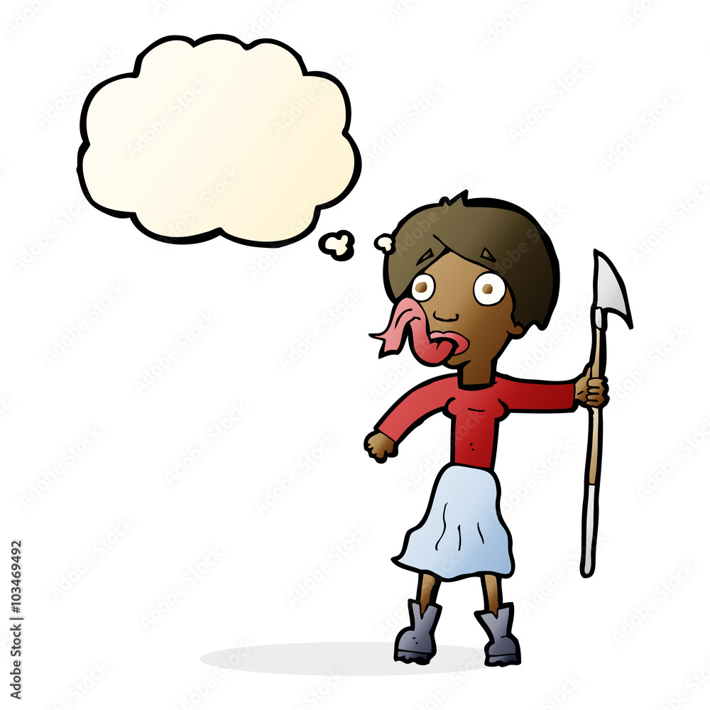 cartoon woman with spear sticking out tongue with thought bubble cartoon woman with spear sticking out tongue with thought bubble